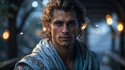 Fototapeta premium elf dressed in blue in the magical kingdom in the enchanted forest. blonde elf. elf guy - elf man - elf boy. beautifl man. handsome guy. heartthrob-elf. preatty-elf-guy. elf in blue. blonde-guy-elf.