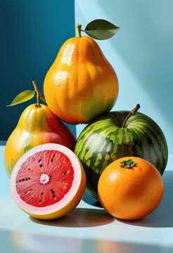 Fresh Fruit Display: Watermelon, Orange, and Grapefruit