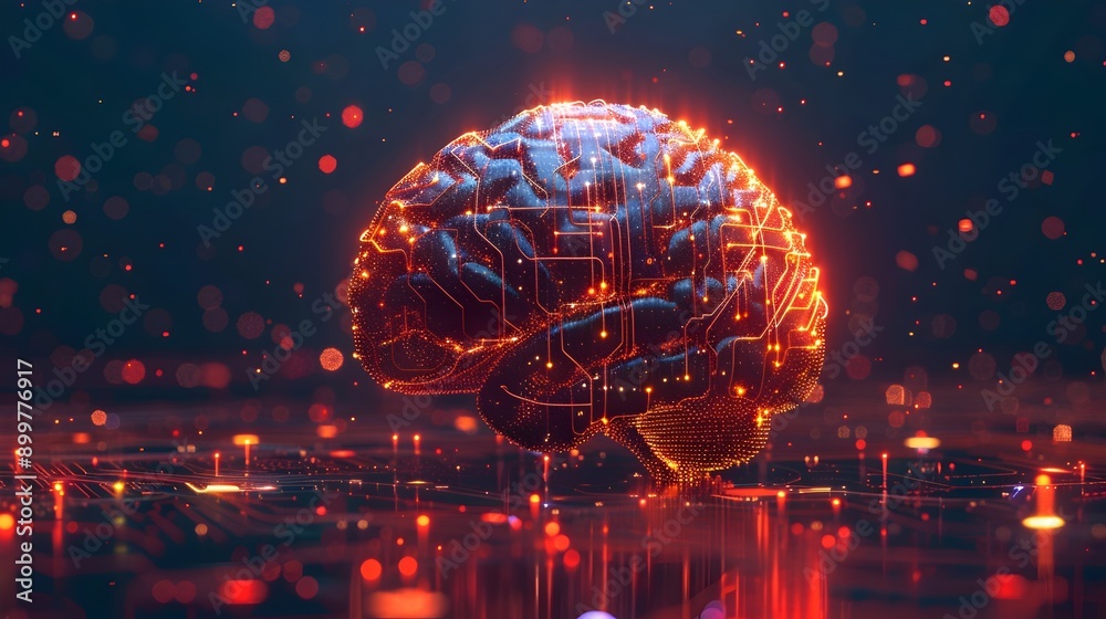 Poster glowing digital brain composed of circuit patterns representing artificial intelligence and technolo
