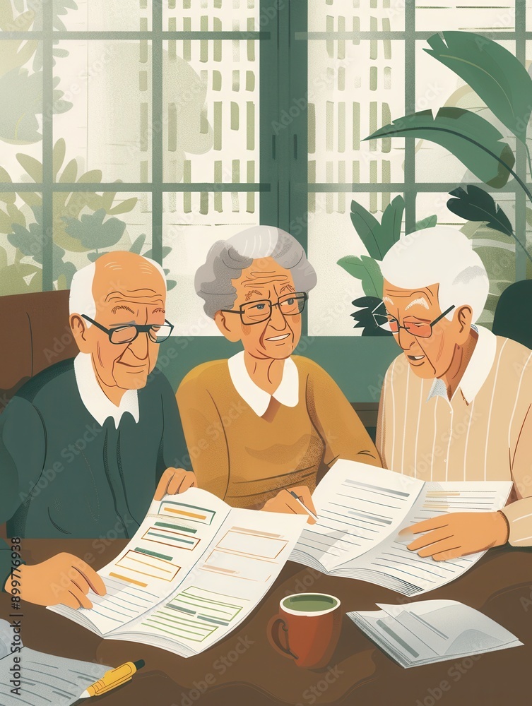 Poster Three elderly individuals gather around a table, closely examining and discussing important documents while enjoying each other's company. Generative AI