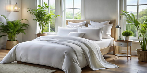 Luxurious white bed linens made from eco-friendly organic fabrics draped across a plush bed, exuding comfort and quality for a restful and rejuvenating sleep experience.