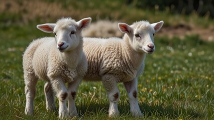 Fototapeta premium Adorable Twin Lambs in Pasture