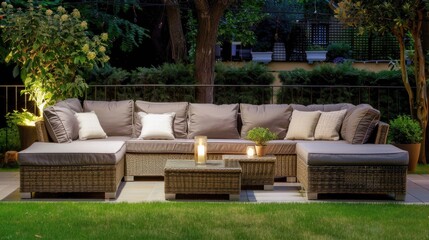 A tranquil outdoor patio features cozy seating adorned with cushions, surrounded by glowing candles and decorative lights, creating a welcoming evening ambiance
