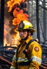 Fototapeta premium Firefighter in Yellow Turnout Gear Standing in Front of Blazing Forest Fire