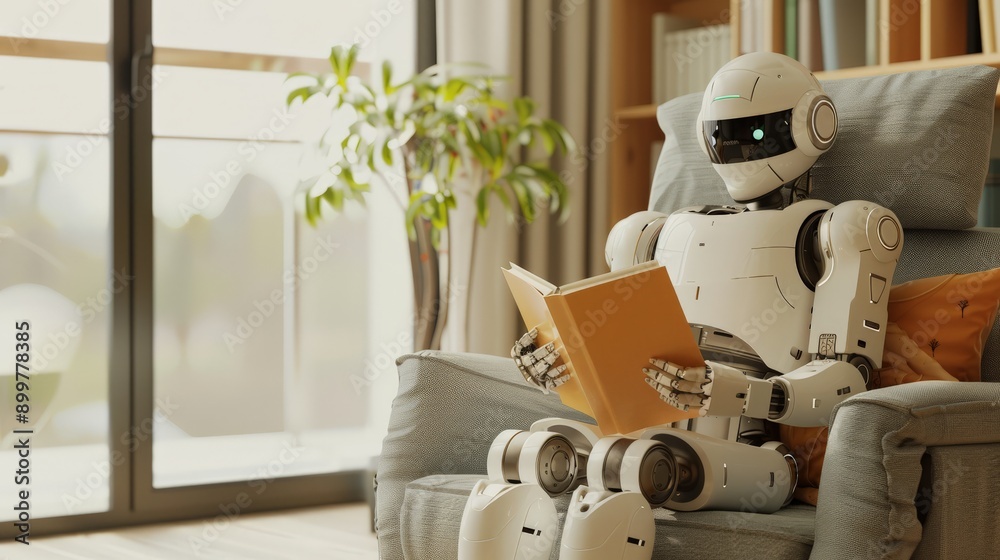 Poster advanced humanoid robot relaxing and reading a book in a comfortable living room. ai's role in moder