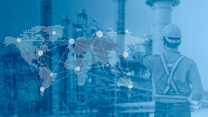 Petroleum Refinery industry overlay world wide map connection for business distribution and management concept.