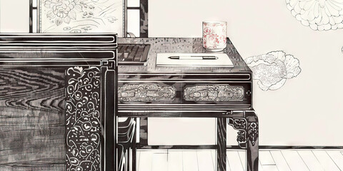 Fototapeta premium Desks of Different Eras: An antique, wooden desk with ornate carvings, reminiscent of a historic writer's workspace, contrasted with a sleek, modern standing desk, symbolizing the evolution of workspa