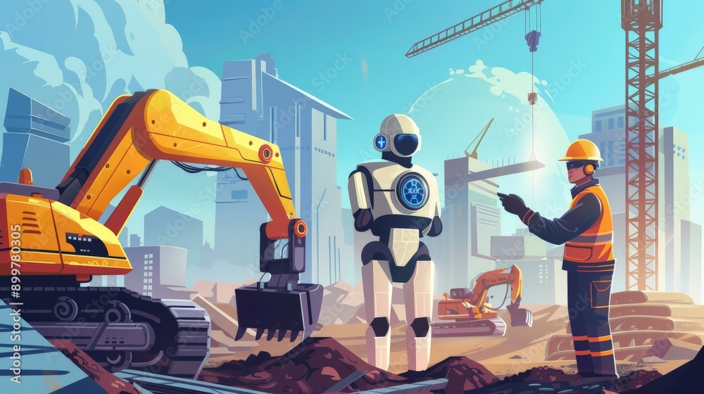 Poster Construction site with a robot and engineer discussing project plans. Futuristic robotics in civil engineering.