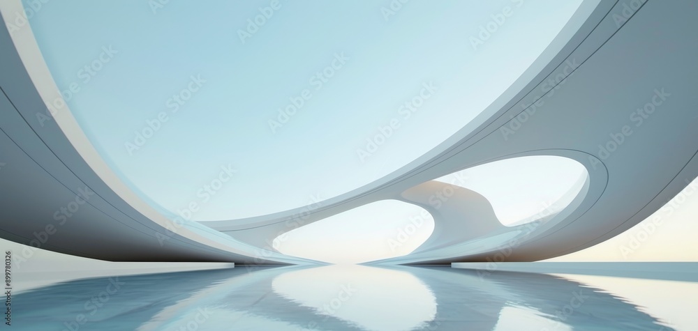 Poster An abstract futuristic background is depicted in this 3D render, featuring a blue sky, white round architecture, and a reflective water floor for a minimal scene.