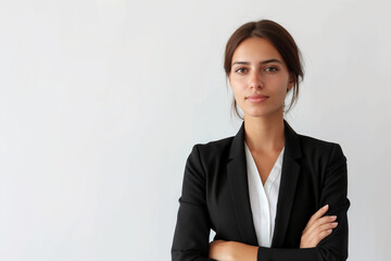 beautiful business woman with a naturally beautiful face with her hair tied up looks smart and mature in black suit on a white background