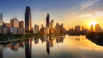 Fototapeta premium City Skyline at Sunset with Reflections