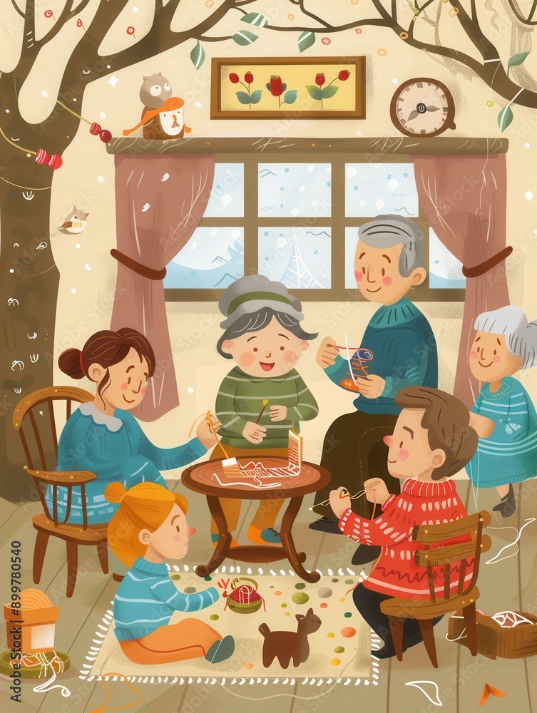 Aufkleber a group of elderly individuals happily participate in knitting and sewing, surrounded by a warm and 