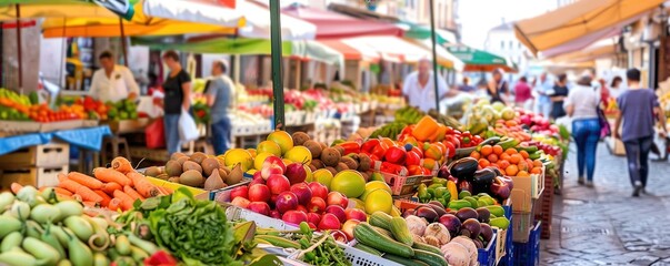 Fototapeta premium A bustling street market filled with stalls of fresh produce and vibrant flowers