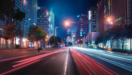Fototapeta premium Vibrant Night Street with Neon Lights and Car Trails