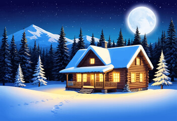 Fototapeta premium Cozy Winter Night at a Log Cabin