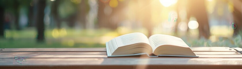 Sunlight filtering through pages of a book close up, ethereal, overlay, park bench backdrop