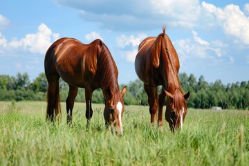 Obraz premium Two Brown Horses Grazing in a Lush Meadow