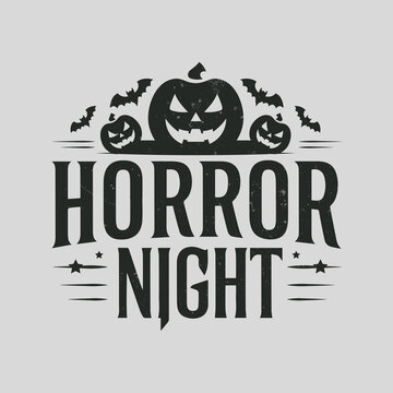 Halloween label with pumpkin heads and bats, text Horror Night