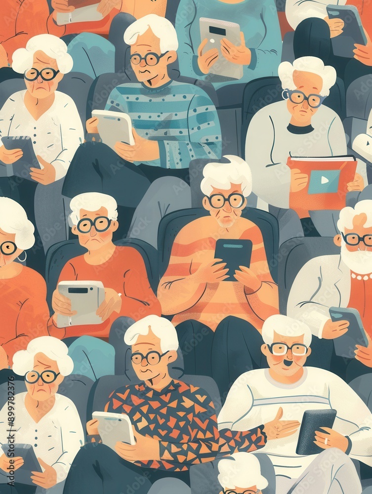 Poster a diverse group of elderly individuals is actively using tablets and smartphones in a warm, inviting