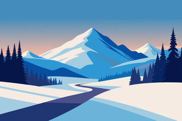 Illustration of a snowy winter scene in a lowland area with trees