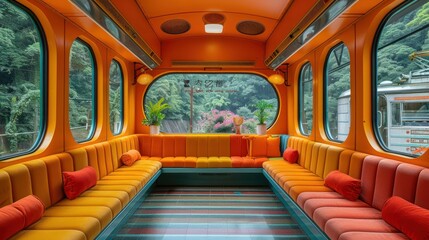 Fototapeta premium Vintage Train Interior with Retro Styling and Lush Window Views