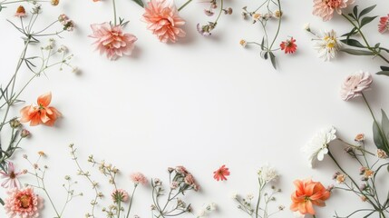A frame made of a variety of spring flowers on a white background with copy space for text and other design or product