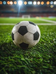 Fototapeta premium Black and white ball on green turf, central stadium area, shining under intense spotlights, twilight atmosphere