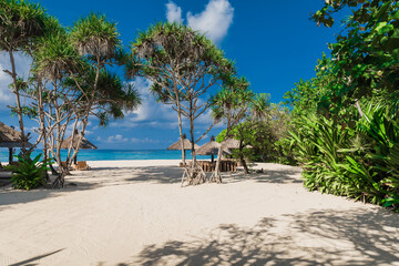 Chairs and umbrellas at luxury beach with blue ocean. Holiday tropical banner