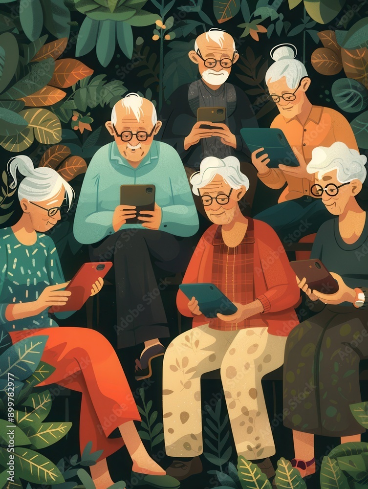 Aufkleber a group of elderly individuals focused on their mobile devices while seated in a vibrant garden fill