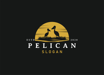Pelican bird logo vintage with grass and wild logo design.