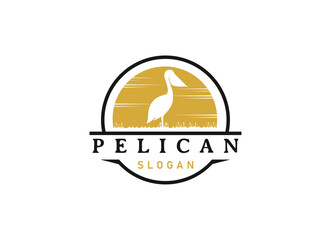 Pelican bird logo vintage with grass and wild logo design.