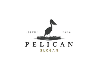 Pelican bird logo vintage with grass and wild logo design.