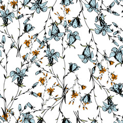 Meadow flower bell. Seamless pattern. Herbal composition for your fabric printing and packaging.