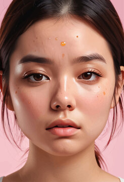 Close-up of a woman's face with a focus on her skin and makeup
