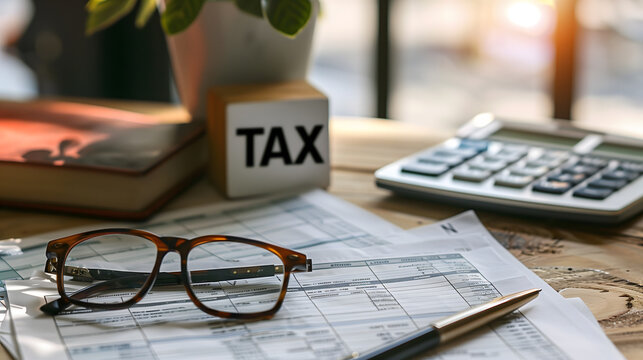 An office desk with tax and statement, a calculator, a glasses, symbolizing personal finance management.