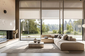 Modern living room with large windows and a sectional sofa.