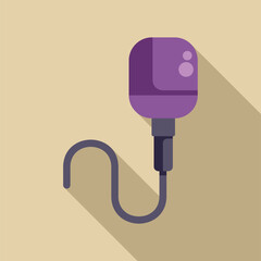 Modern purple microphone for recording podcasts and streaming is hanging on a beige background with a long shadow