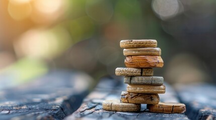 Obraz premium A stack of weathered coins on a wooden surface with a blurred background of green foliage and sunlight.
