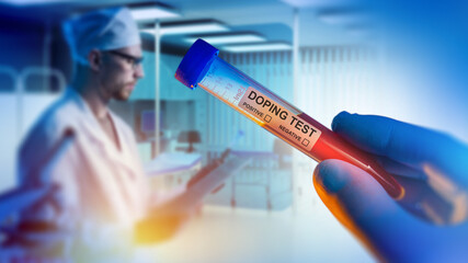 Doping test. Flask with blood. Doctor conducts doping test. Analysis for use of prohibited...