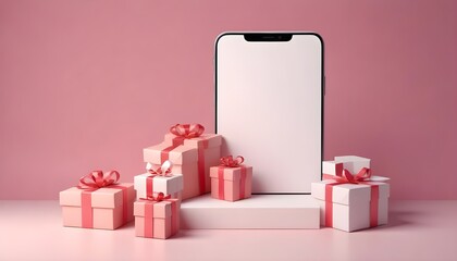 3D Illustration. Smartphone with white blank screen and carboard box with gifts. Shipping service. Shopping online and e-commerce concept.
