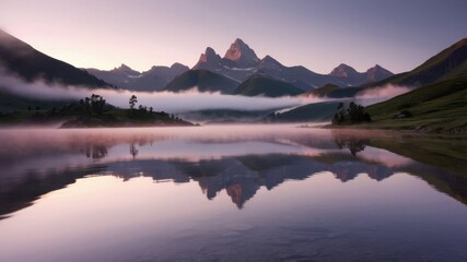 Obraz premium Mountain lake at dawn with calm water, reflecting peaks, soft light, and mist. Serene beauty. Perfect for nature and travel.