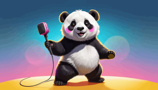 Cheerful Panda with Microphone, Standing on Yellow Circle, Illuminated by Colorful Light