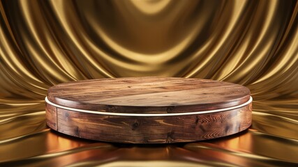 Obraz premium Wooden podium for showcasing products against a golden background. An ideal solution for advertising watches.Mockup.