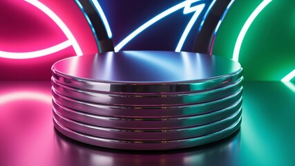 Metal podium for displaying products with neon lighting, set against a neon background. A stylish solution for advertising gadgets. Mockup.