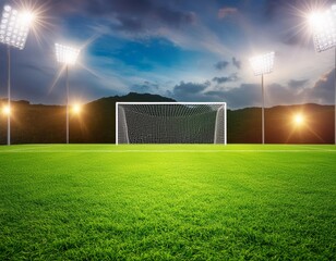 Fototapeta premium A soccer field with a goal post illuminated by stadium lights