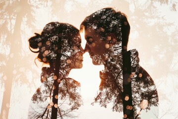 Silhouetted Couple in a Winter Forest: A Love Story, generative ai