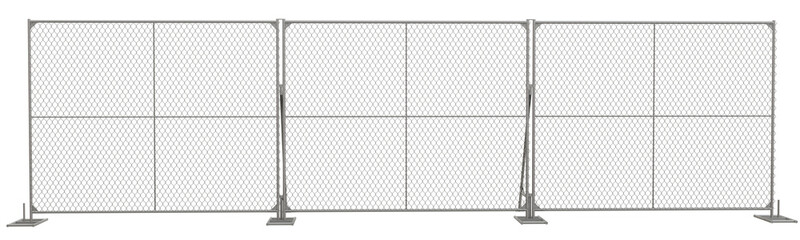 3D render showcases a versatile chain link fence system featuring interlocking panels for easy assembly and expansion, ideal for temporary site protection.