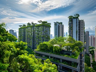 Fototapeta premium Tall Residential Buildings with Rooftop Gardens in a Sustainable Urban Landscape