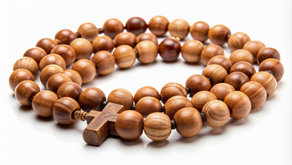 Isolated wooden rosary beads arranged in a circular pattern on a clean white background, showcasing intricate details and subtle grain textures of the natural material.
