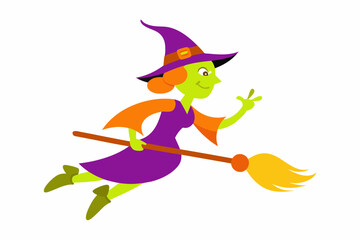 Stunning Vector Line Art of Halloween Witch Flying with Magic Broom on White Background